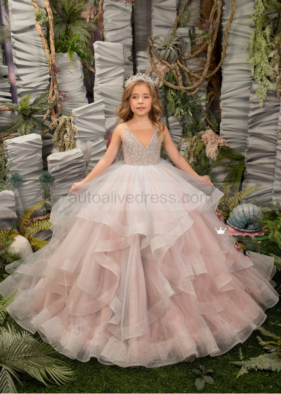 Beaded Ruffle Tulle Floor Length Flower Girl Dress